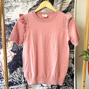 Kate Spade Faded Peony Eyelet Ruffle Shoulder Short Sleeve Sweater